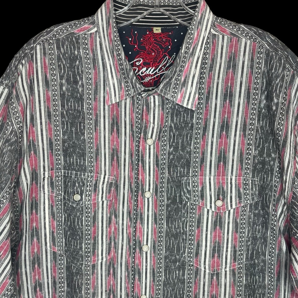 Skully Aztec Southwestern Shirt Mens XL Pearl Snap Gray Pink Striped Cowboy - Picture 2 of 10